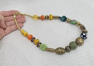 Vintage Boho Chunky Asymmetrical Multicolor Ethnic Bead & Brass Tone Necklace • $9.98