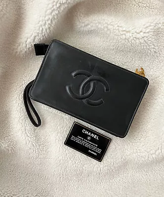 Auth Chanel Black Vintage Classic CC Logo Quilted Clutch With Wrist Strap - RARE • $1395