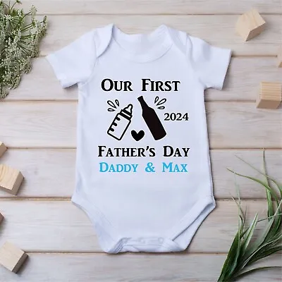 Personalised Our First 1st Fathers Day Baby Grow Bodysuit Vest Gift Daddy Dad • £6.99