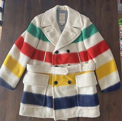 RARE VTG Hudson Bay Blanket Coat Wool Rainbow Peacoat Double Button Sz 42. • $205