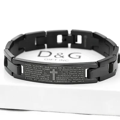 DG Men's 8  Black Stainless Steel 12mm BIBLE VERSES CROSS ID Band Bracelet*Box • $13.99