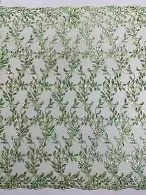 Sage Green Metallic Thread Leaf Design Embroidered Sequin Mesh Lace Fabric Yard • $24.36