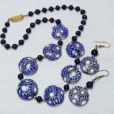 Venetian Classic Blue Red Chevron Pattern Millefiori Beads Necklace Earrings • $55