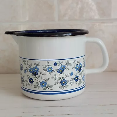 Vintage Retro Baumann Enamel Jug Pitcher White Blue Floral West Germany H 11.5cm • $28.80