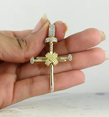 0.27CT Round Cut Real Moissanite Nail Cross Charm Pendant 14K Yellow Gold Plated • $137.69