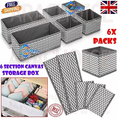 6 Section Canvas Storage Box Wardrobe Organiser Drawer Socks Ties Divider Cube • £8.34