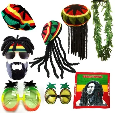 Rasta Reggae Jamaican Costume Hat Wig Dreadlocks Glasses Leaf Fancy Dress • £10.99