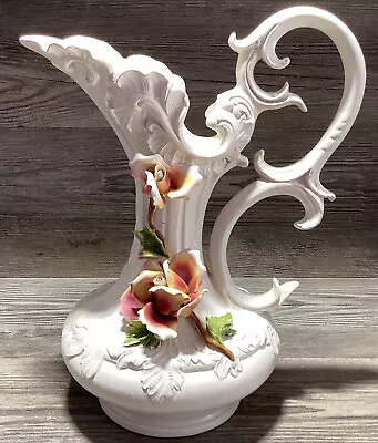 Vintage 39cm XL Bassano Capodimonte Italy Porcelain Applied Roses Pitcher Vase • $549.95