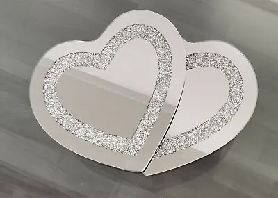 Set Of 2 Heart Mirror Shape 25Cm Crushed Diamond Crystal Border Table Placemats • £15.99