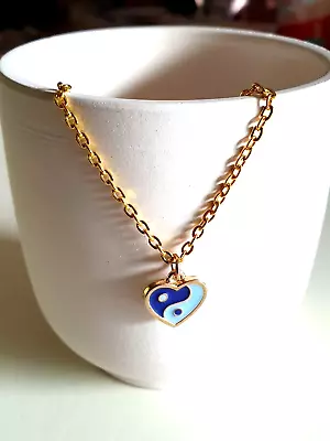 Sweet Blue Enamel Yin Yang Heart Charm Pendant Gold Plated Necklace • $10.95