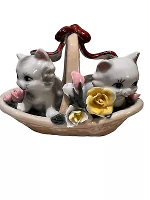 Vintage Porcelain Ceramic Two Kitschy Kittens In A Basket Figurine ~ JAPAN • $19.99