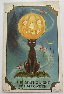 Rare MW Taggart Vintage Halloween Postcard C1909 Jack-o-Lantern Black Cat Bat • $99.95