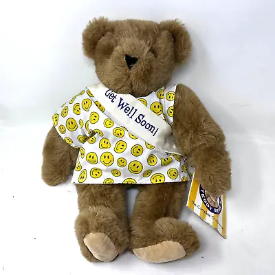 Vermont Teddy Bear Get Well Soon 16  Jointed Plush Smiley Face Gown Sash Tag • $19.95