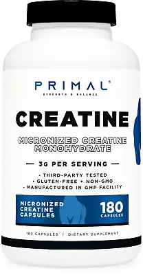 Primal Creatine Monohydrate 3000 Mg 180 Caps - Micronized Non-GMO Creatine • $17.99