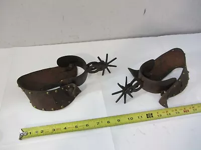 Antique 1800s Heavy Metal Iron Spurs W/ Leather Studded Straps Forged • $259.49