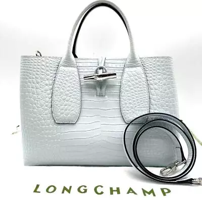 Authentic Longchamp Roseau 2way Handbag Croc Embossed Shoulder Leather White • $375.21