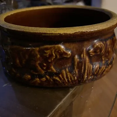 Old Original McCoy Brown Brush Pottery Dog Dish Hunting Feeder Bowl 5.5” • $74