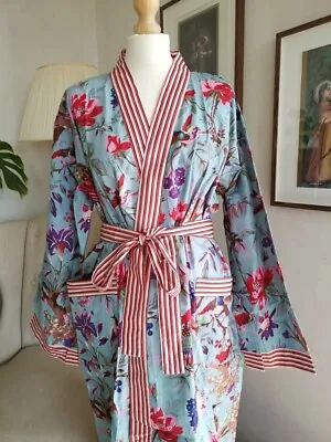 $46.31 • Buy Cotton Long Kimono Indian Sky Bird Striped Border Kimono Night Wear Maxi Gown AU