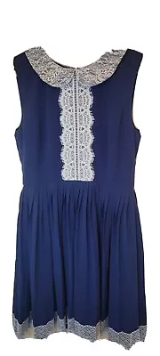 Minuet Dress ~Navy Blue W/Lace~ Peter Pan Collar~ Accordion Pleats ~Size L • $19.99