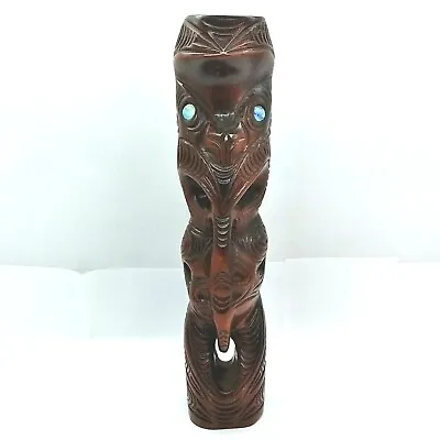 Maori Large Wood Carved Statue Figure Tiki Tekoteko Flute Abalone Eyes 15.5  • $84.96