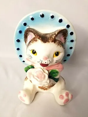 Vintage Made In Japan Cat Head Vase Cat With Hat And Flower 6.25  High • $17.88