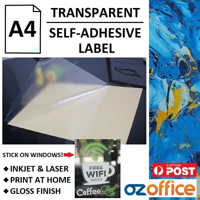 $12.95 • Buy A4 Clear Translucent Glossy Self Adhesive Sticker Label Paper Inkjet Laser Print