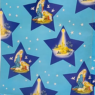 Vintage Christmas Wrapping Paper 1940s 1950s Blue Mary Manger Star Nativity • $12