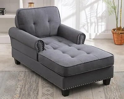 Tufted Linen Chaise Lounge Chair With Armrests Modern Mid Century Chaise Lounge • $349.99