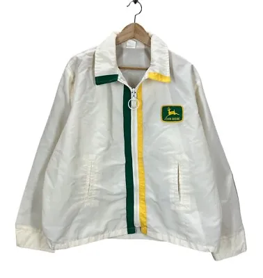 Vintage John Deere White Green Yellow Striped Jacket XL • $85.16