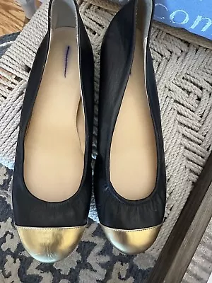 J Crew Black Leather Gold Cap Toe Ballet Flats Black /gold Size 7 • $39.99