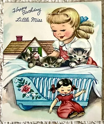 Unused Birthday Girl Cat Kitten Doll Play Cradle Vtg Greeting Card 1940s 1950s • $5.32