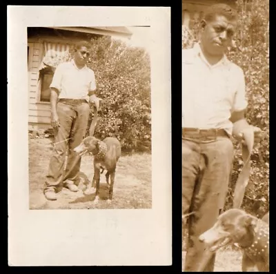 TOUGH BLACK MAN W DOBERMAN DOG STARES YOU DOWN ~ 1920s VINTAGE PHOTO • $9.99