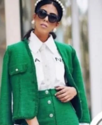 Women’s ZARA Green Tweed Boucle Blazer Jacket Size L Gem Jewel Buttons • £39.99