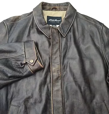 Eddie Bauer Mens Jacket Leather Brown Distressed Snap Pockets Lined VTG XXL • $199.99