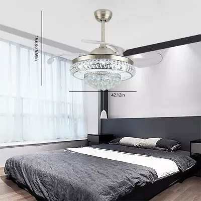 LED Crystal Chandelier Invisible Ceiling Fan Light Retractable Blade+Remote 42in • $108.10