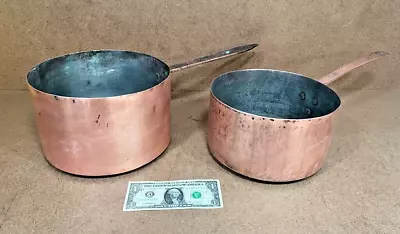 2 ANTIQUE COPPER DOVETAIL SEAM COOKING PAN W/ Copper Handle 10  & 9  • $129.99