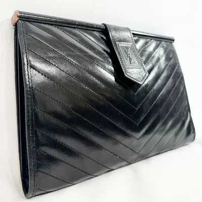 Yves Saint Laurent Clutch Bag Handbag Black Vintage Chevron YSL Leather • $300.47