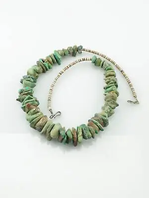 Vintage Native American Sterling Silver Green Turquoise Heishi Necklace • $493.07