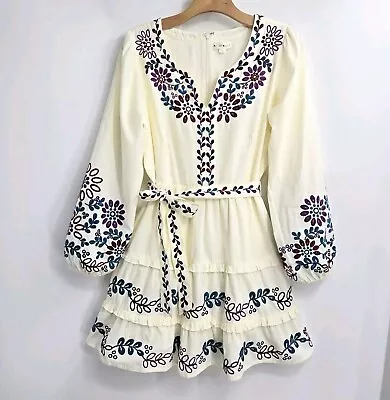 Anthropologie Dress Roller Rabbit Naema Cream Floral Embroidered Tiered Medium  • $89.99