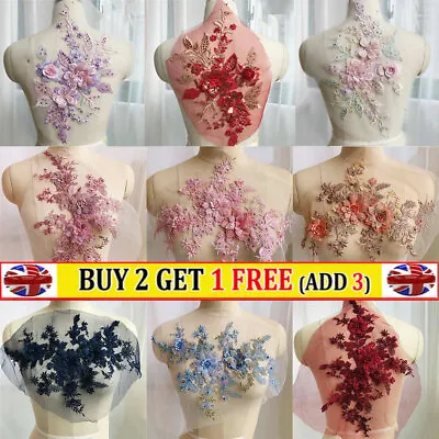 £4.84 • Buy 3D Flower Lace Embroidery Applique Pearl Beaded Tulle Wedding Bride Dress DIY