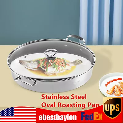 Stainless Steel Fish Steamer Pot Rack W/ Glass Lid Multi-Use Oval Roasting Pan  • $40.85