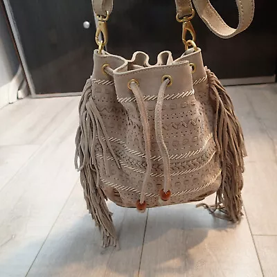 LINEA PELLE Drawstring Fringe Suede Leather Cross Body Bag • $49.95