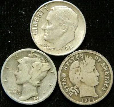 3 Coin Dime Lot  Mercury Roosevelt Barber 90% Silver Bullion Silver Certificate • $13.95