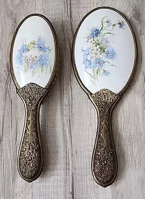 Antique Victorian Brass And Porcelain Hand Mirror And Brush Set Blue Florals • $95