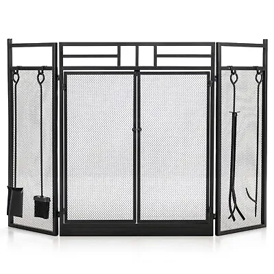 Folding 3-Panel Wrought Iron Fireplace Screen W/ Doors & 4 Pieces Tools Set • $75.99