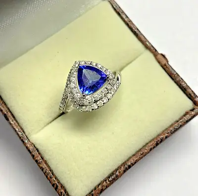 Trillion Cut AAA+ 7X7mmTanzanite And Diamond White Gold Ring CUSTOM MADE • £1545