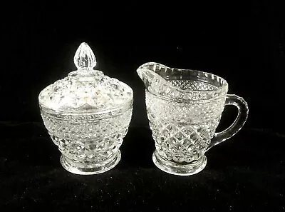 Vintage Anchor Hocking Wexford Diamond Clear Glass Cream And Covered Sugar Set • $21.72
