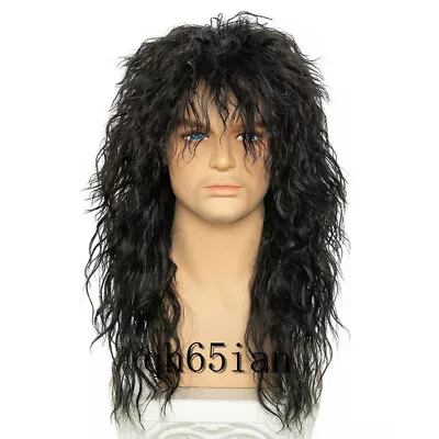 Women@Men Long Curly Black Blonde Grey Mix Classic Wig 70s 80s Rocker Funny Wigs • £11.74