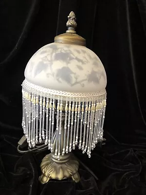 Vintage Frosted Glass Fringe Dome Beaded Shade Bedside Boudoir Accent Lamp • $69.99