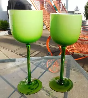 Set/2 Carlo Moretti Murano Glass Green White Cased Tall Goblet 9” Wine Glass • $99